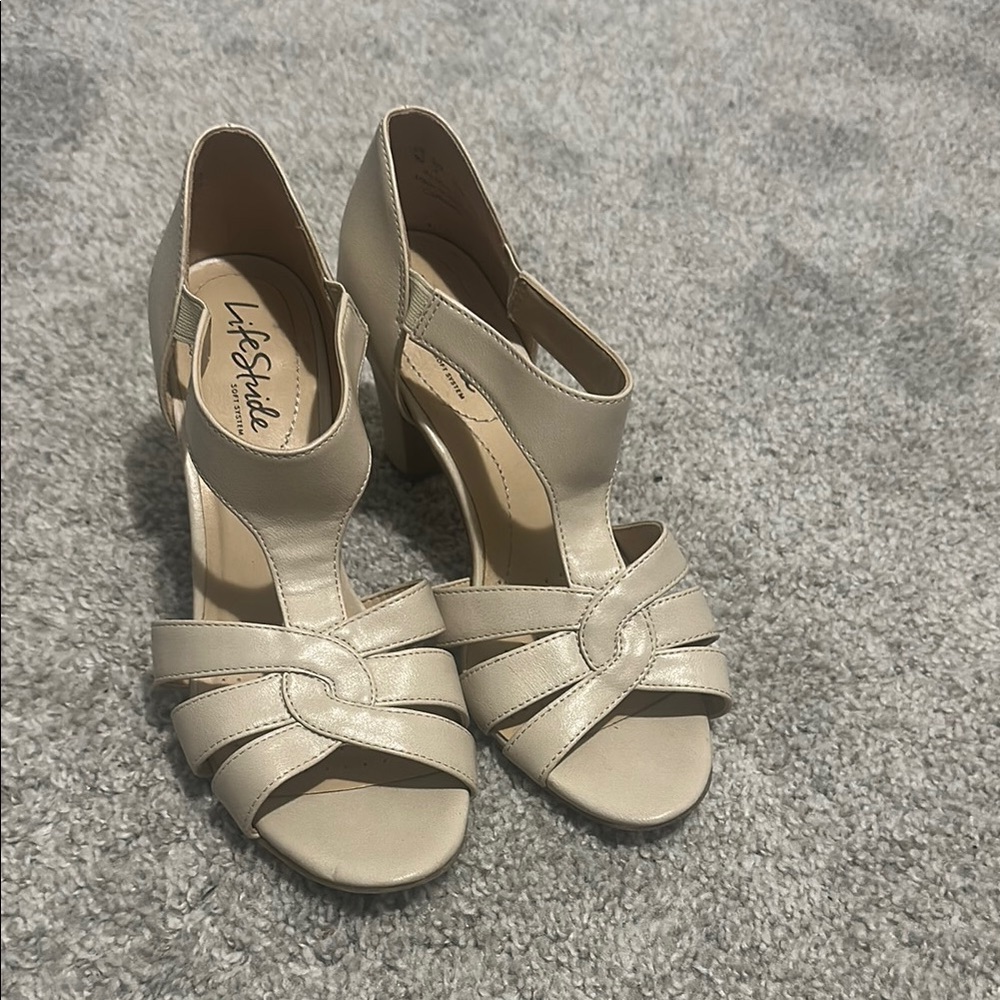 Life Stride Cream Heels with Strappy Design